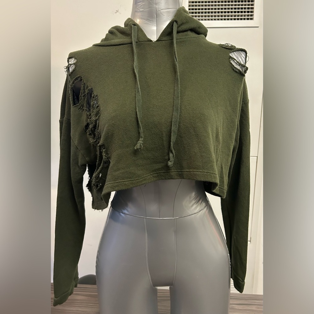 Fashion Nova Olive Green Distressed Cropped Hoodie - Picture 3 of 6